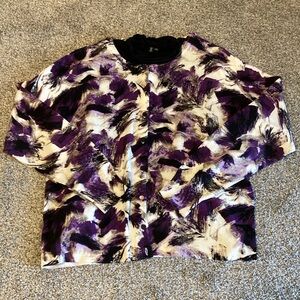 Relativity black top with matching black and purple button down sweater, size 1X